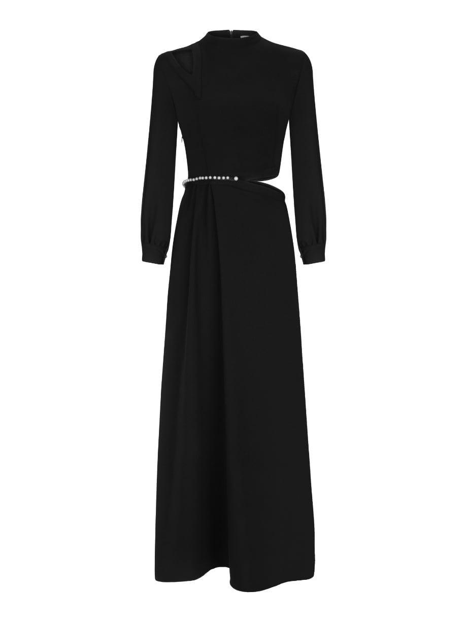 İnci Kemerli Bel Detaylı Siyah Elbise - Mahfelle